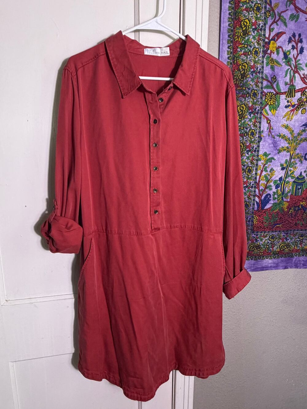 Time and Tru XL 16-18 Brick Red Lyocell Tunic Shirt Dress Roll Tab Sleeve